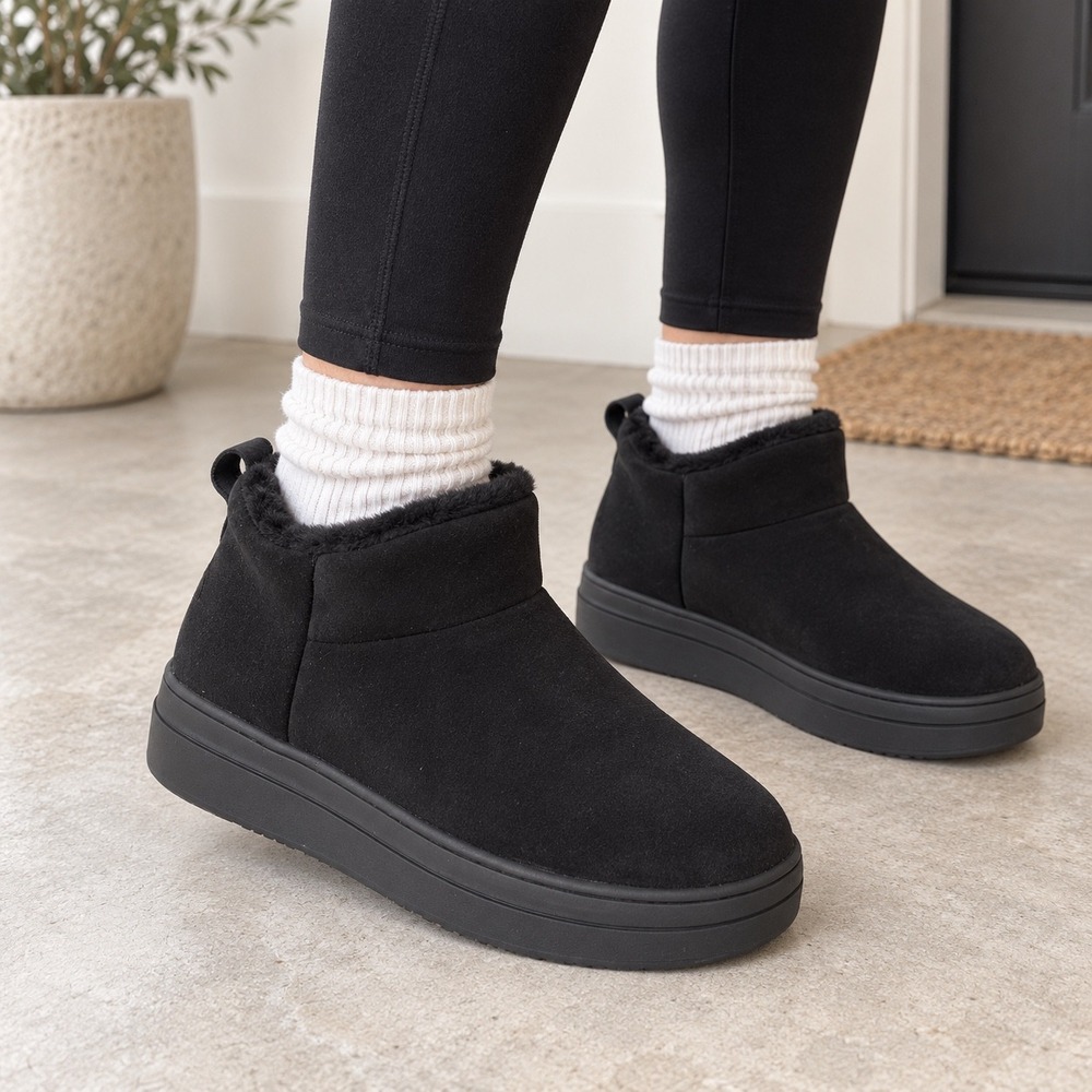 J/Slides NYC Black Suede Faux Fur Lined Platform Ankle Boots 8.5